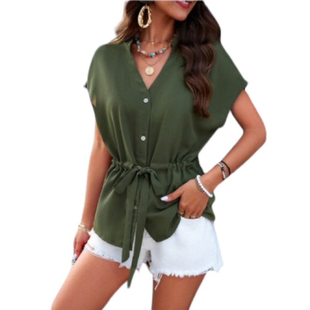 CiciBird army green button front cinched tie waist short sleeve blouse size XL